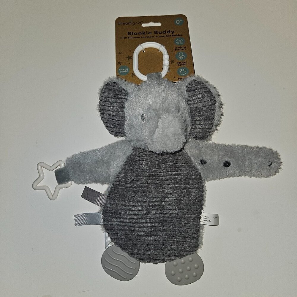 NEW Dreamgro Blankie Buddy Gray Elephant Plush Teether Lovey Sensory Crinkle Toy